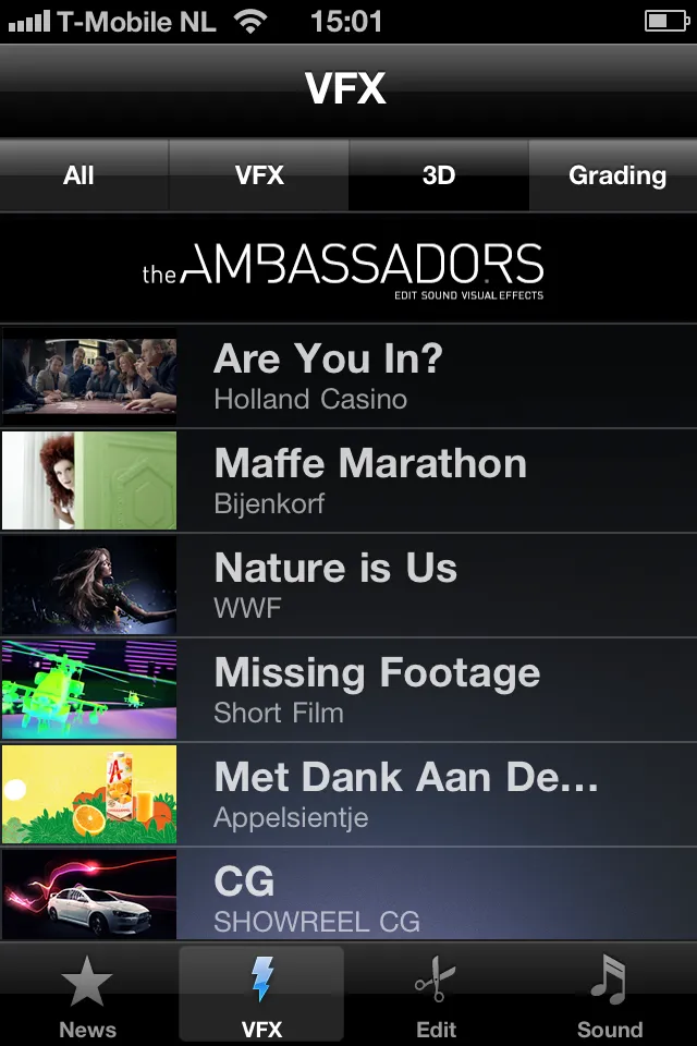 AMChannel 2 on an iPhone 4: the VFX list with the All, VFX, 3D and Grading tabs