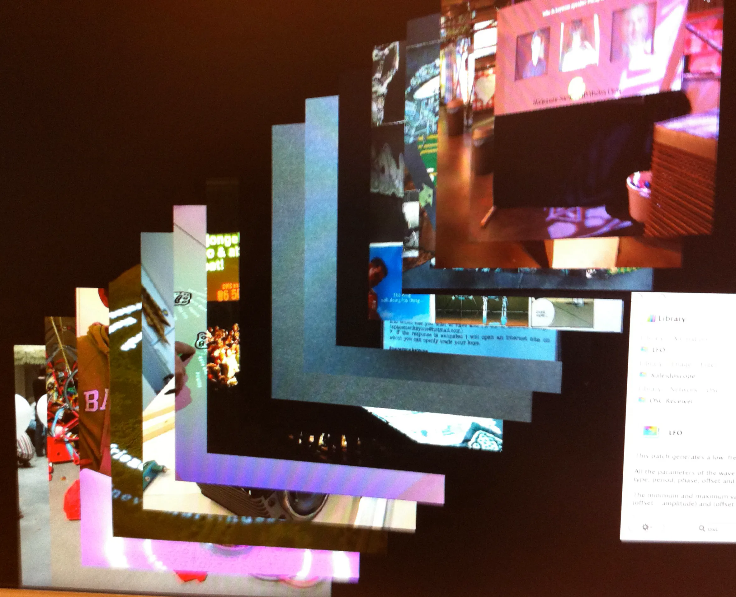 An early test in Quartz Composer: a fanned-out stack of photos in 3D, the patch library open beside it