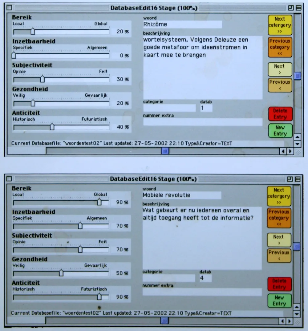 Two screenshots of the database editor: the words Rhizôme and Mobiele revolutie, each rated on five sliders, with a short description, in Dutch