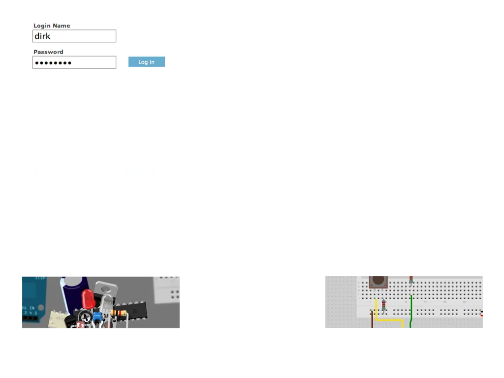 The same cycle with Fritzing screenshots: a breadboard view at sketching, a parts collage at production, and a login form at sharing