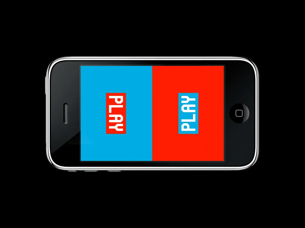 The start screen on an iPhone: a PLAY button on each half, facing each player