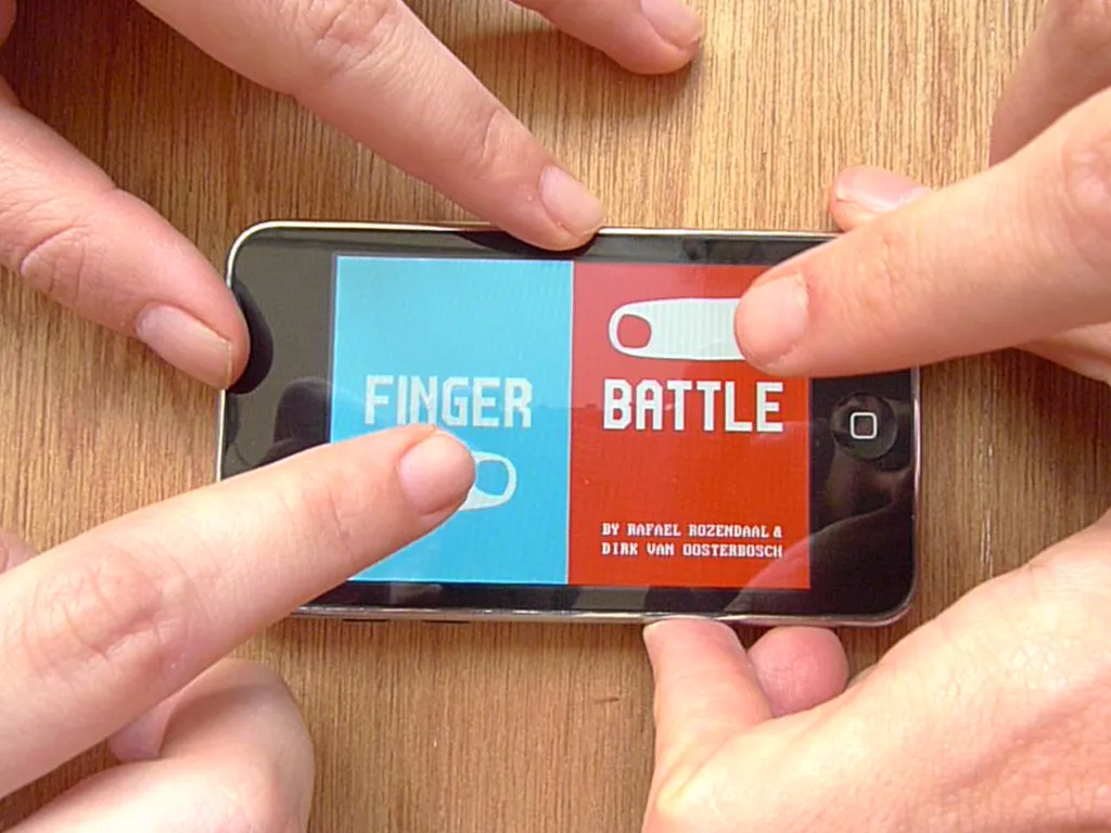 Two players with their fingers on the title screen, one on each side