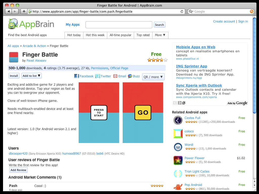 Finger Battle for Android on AppBrain, a copy by another developer, described as a clone of the iPhone game
