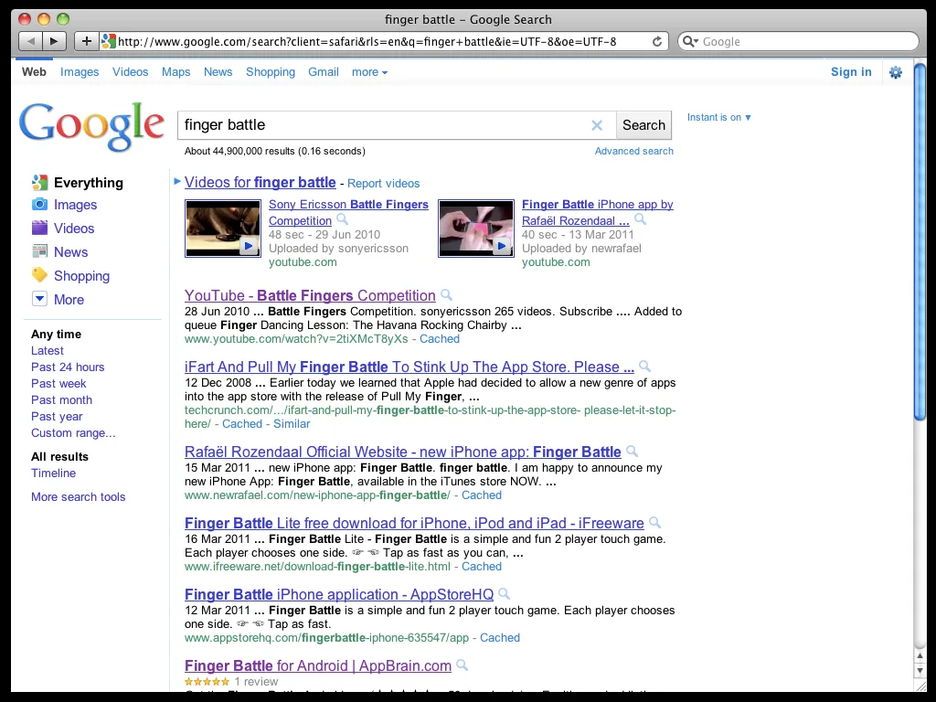Google search results for “finger battle”, mixing the iPhone game with its copies
