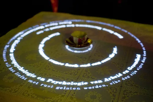 Rings of projected text rippling out from a teacup on a lace tablecloth