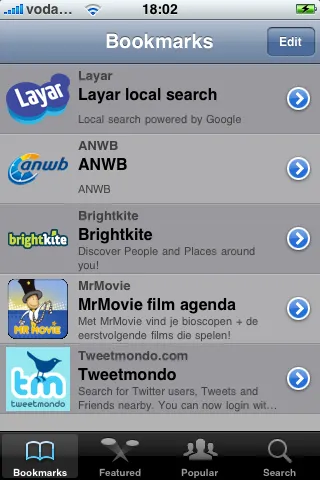 The Bookmarks list of layers: Layar local search, ANWB, Brightkite, MrMovie and Tweetmondo