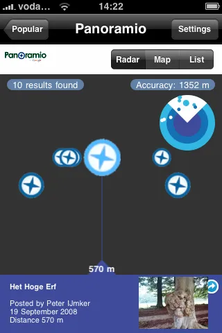 The Panoramio layer in radar view: photo markers around the viewer, the selected photo of a tree 570 m away