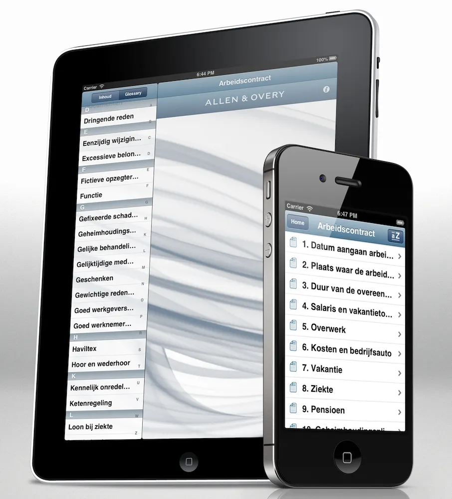 The universal version on iPad and iPhone, the iPad with the glossary in the sidebar, the iPhone listing the numbered contract articles