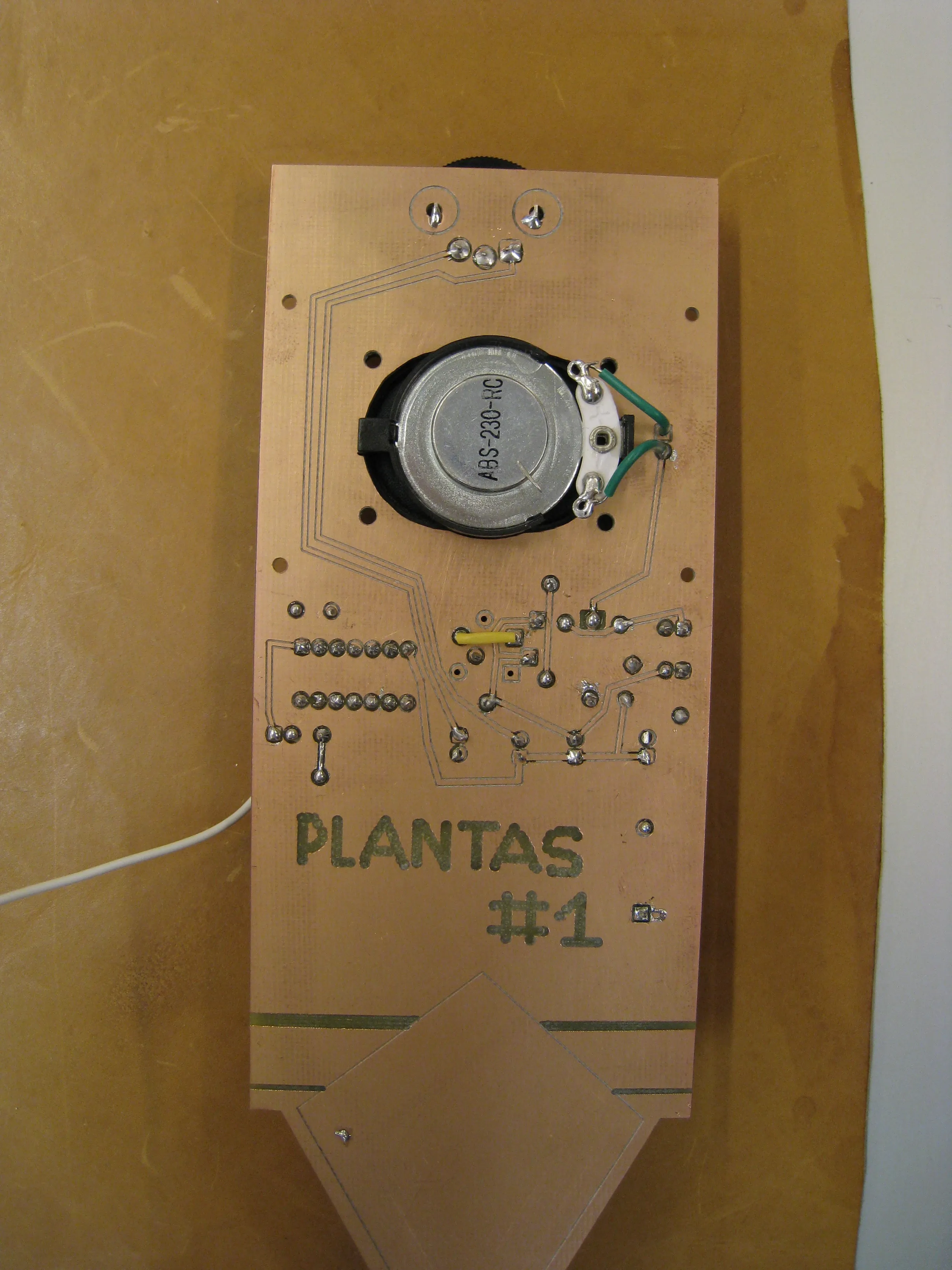 The back of the finished board, with the round speaker magnet and "PLANTAS