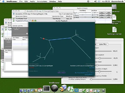 The Intellistener desktop in June 2005, with the audio library, the editing windows and the playback graph open side by side