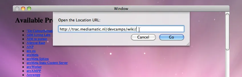 The Open Location sheet with a URL typed in, over a transparent page listing projects