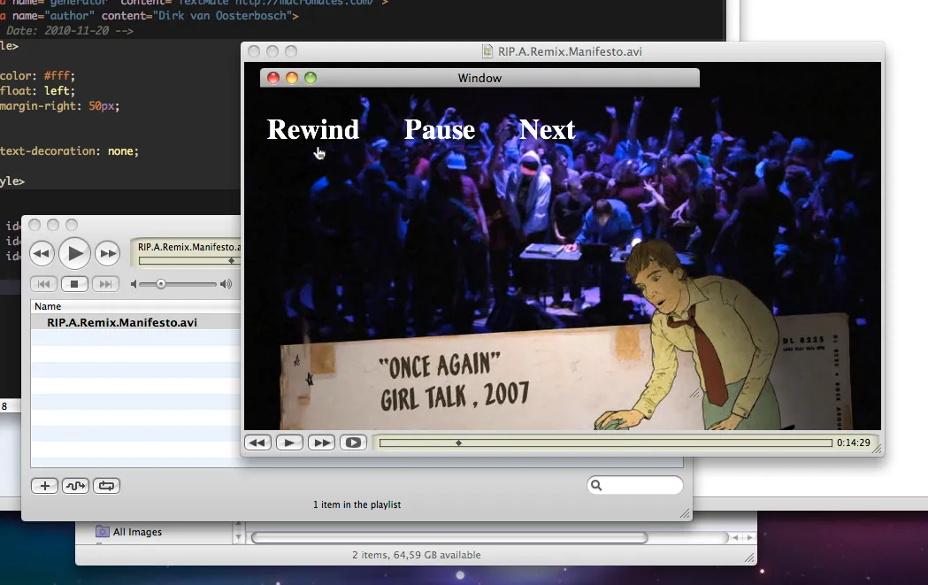 A transparent window with Rewind, Pause and Next links laid over a video playing in a media player