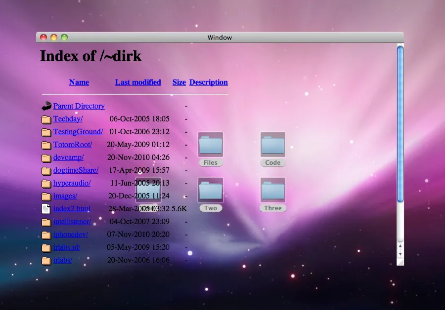 A see-through browser window showing a web server's directory listing, with the desktop's folder icons visible through the page