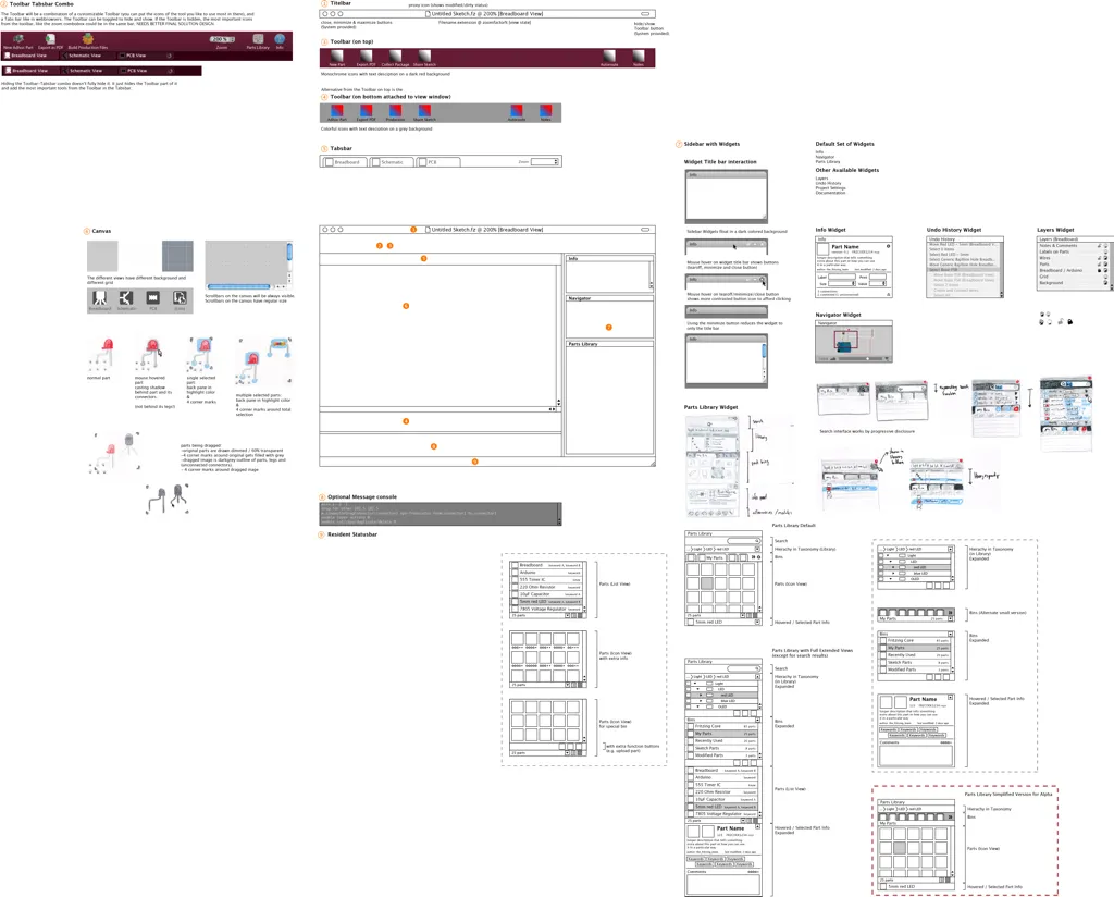 Complete wireframe mockup of the main Fritzing interface